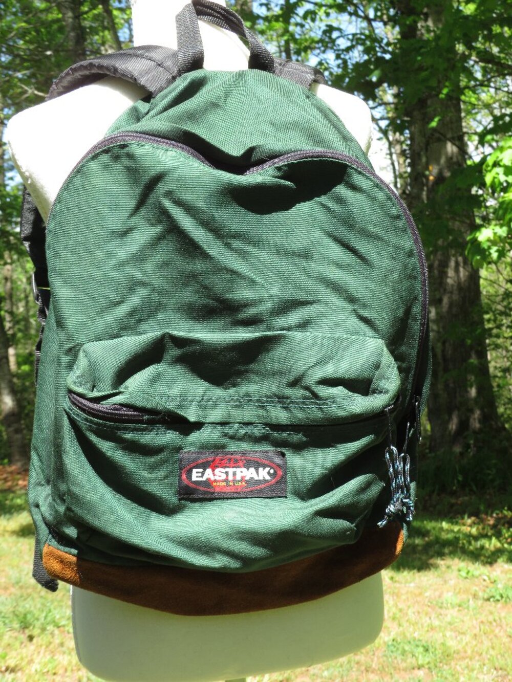 Vintage Eastpak Backpack Made in USA 90s Y2K Forest Green Suede Leather Bottom